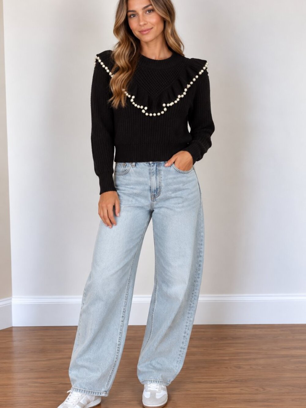 Zara Black Crewneck Sweater with Pearl-Trim Ruffle Yoke